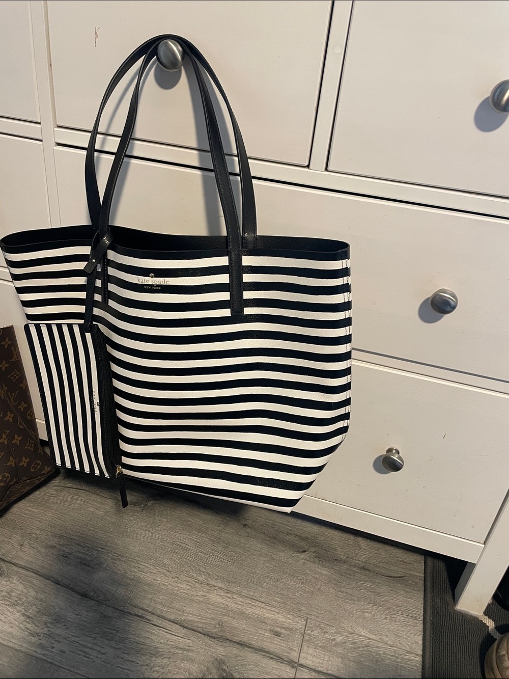 kate spade Black and White Striped Tote with Removable Pouch leather